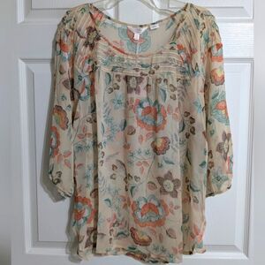 NWT LC Lauren Conrad Floral Blouse - Cream, Orange, Blue